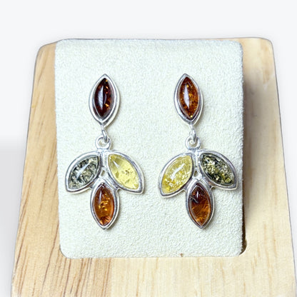 Boucle d'oreilles triple couleur ambre et Argent 925