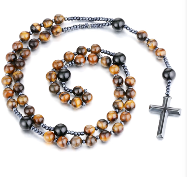 Chapelet Œil de Tigre Croix Hématite