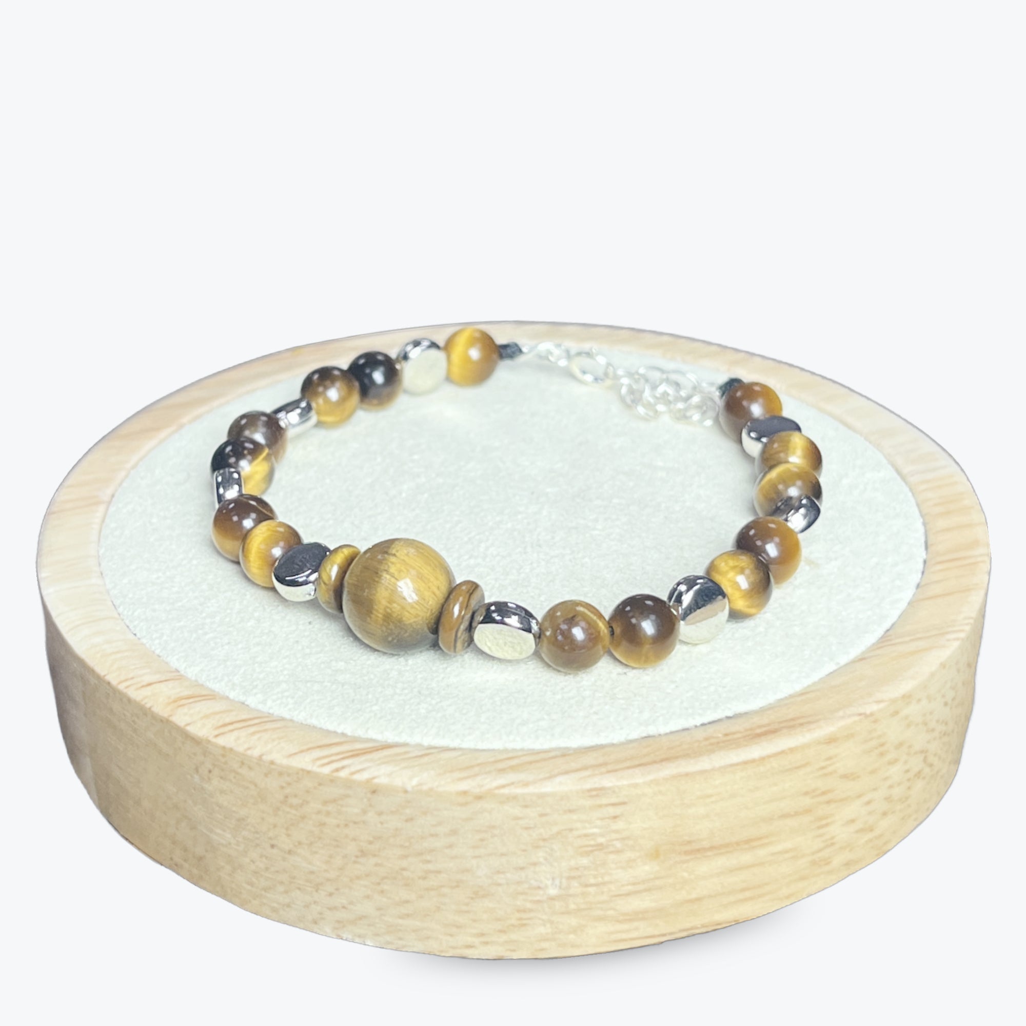 Bracelet En Oeil De Tigre Avec Apprets Argentés + Fermoir En Argent