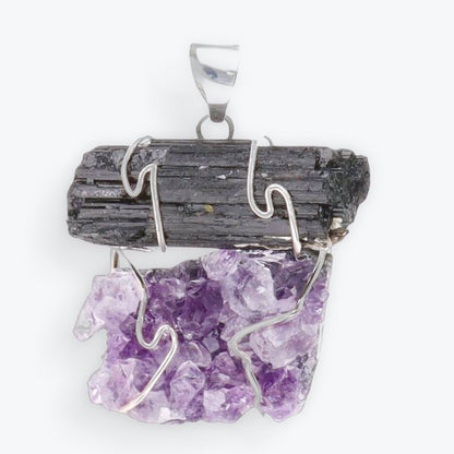 Pendentif Tourmaline avec Druse d'Améthyste en Plaqué Argent
