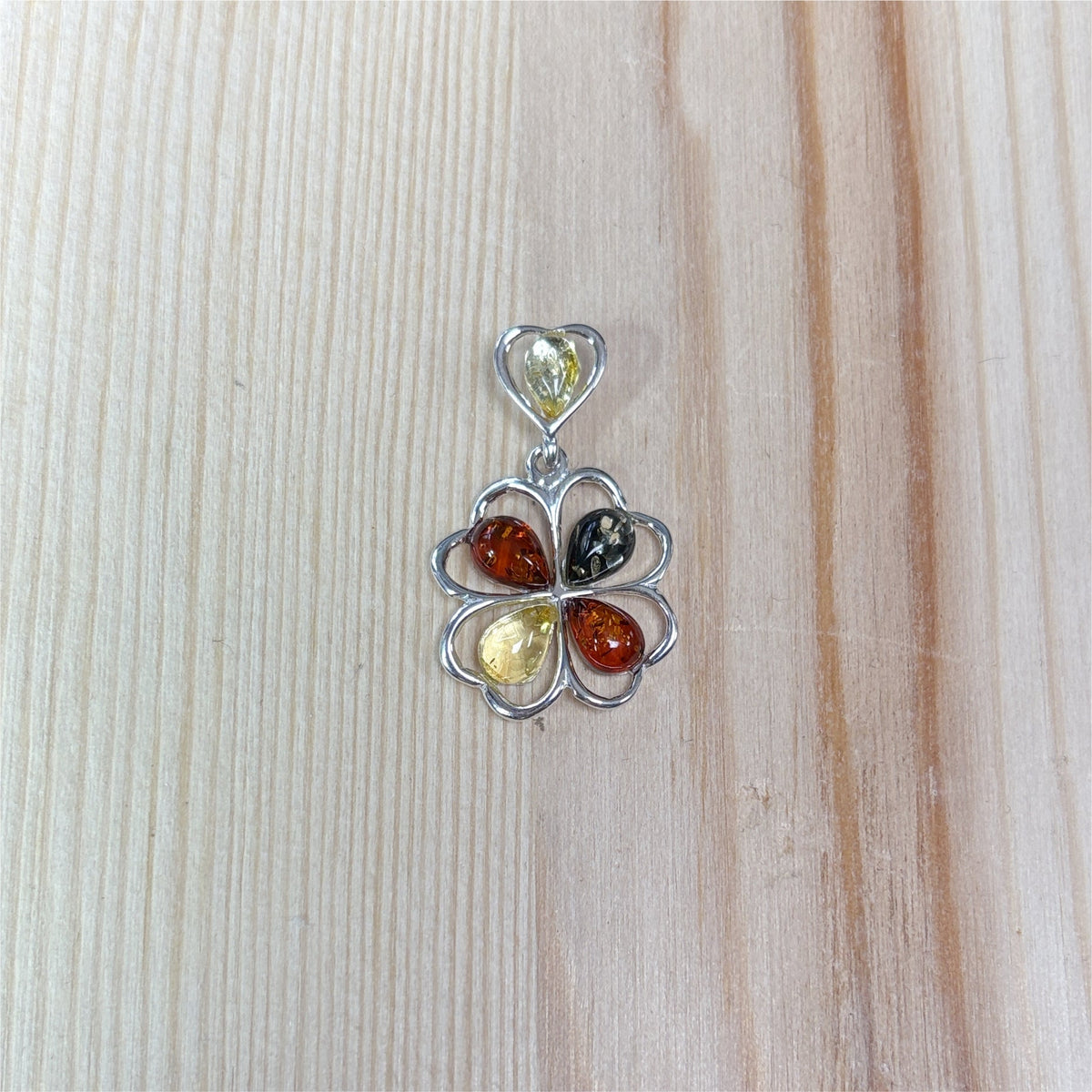 Pendentif Ambre trèfle 4 feuille multicouleur - Argent 925