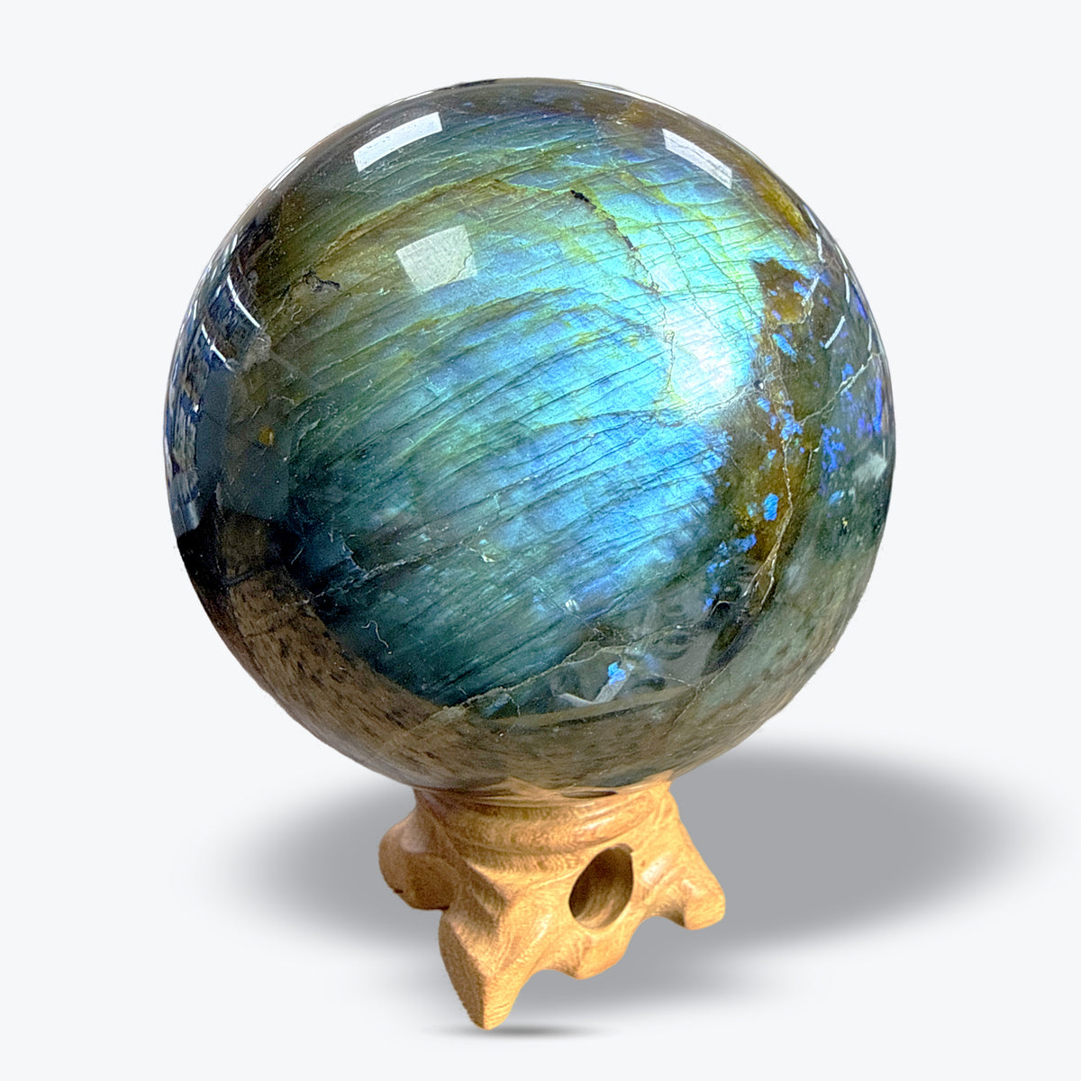 Sphère en Labradorite Naturelle polie sur socle bois – 5 à 8,5 cm – Madagascar - Pièce unique