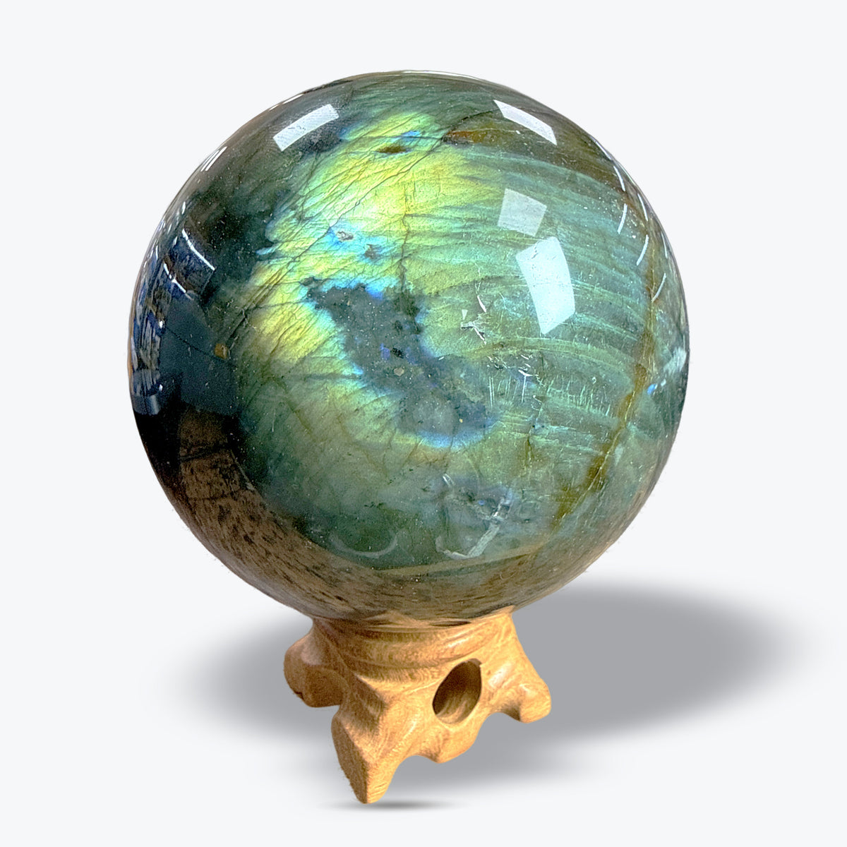 Sphère en Labradorite Naturelle polie sur socle bois – 5 à 8,5 cm – Madagascar - Pièce unique