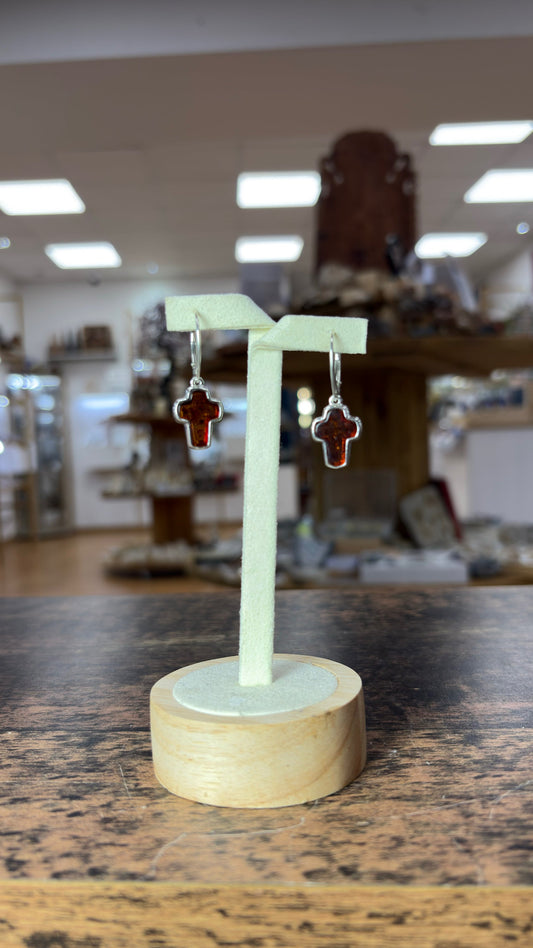 Boucle d'oreilles ambre pendante croix  et Argent 925