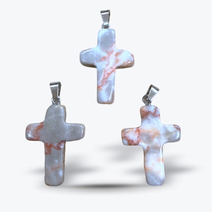 Pendentif Croix en Pierre Naturelle Polie, 15 pierres au choix, bélière et chaîne | 1,8x2,5x4cm
