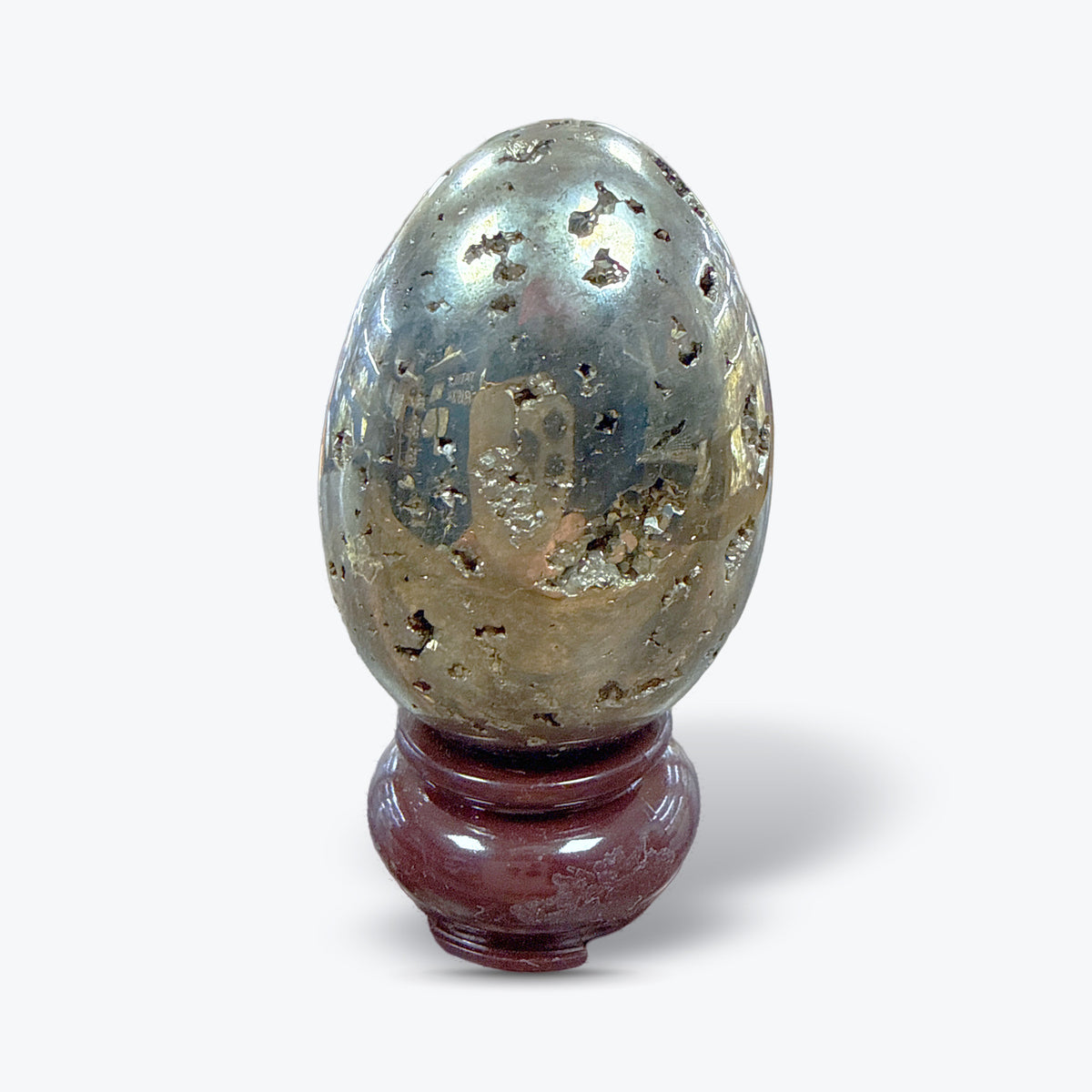 Œuf Poli en Pyrite Naturelle du Pérou – Doré Métallique, Cavités Cristallisées - Pièce unique | 244gr - 6x4cm