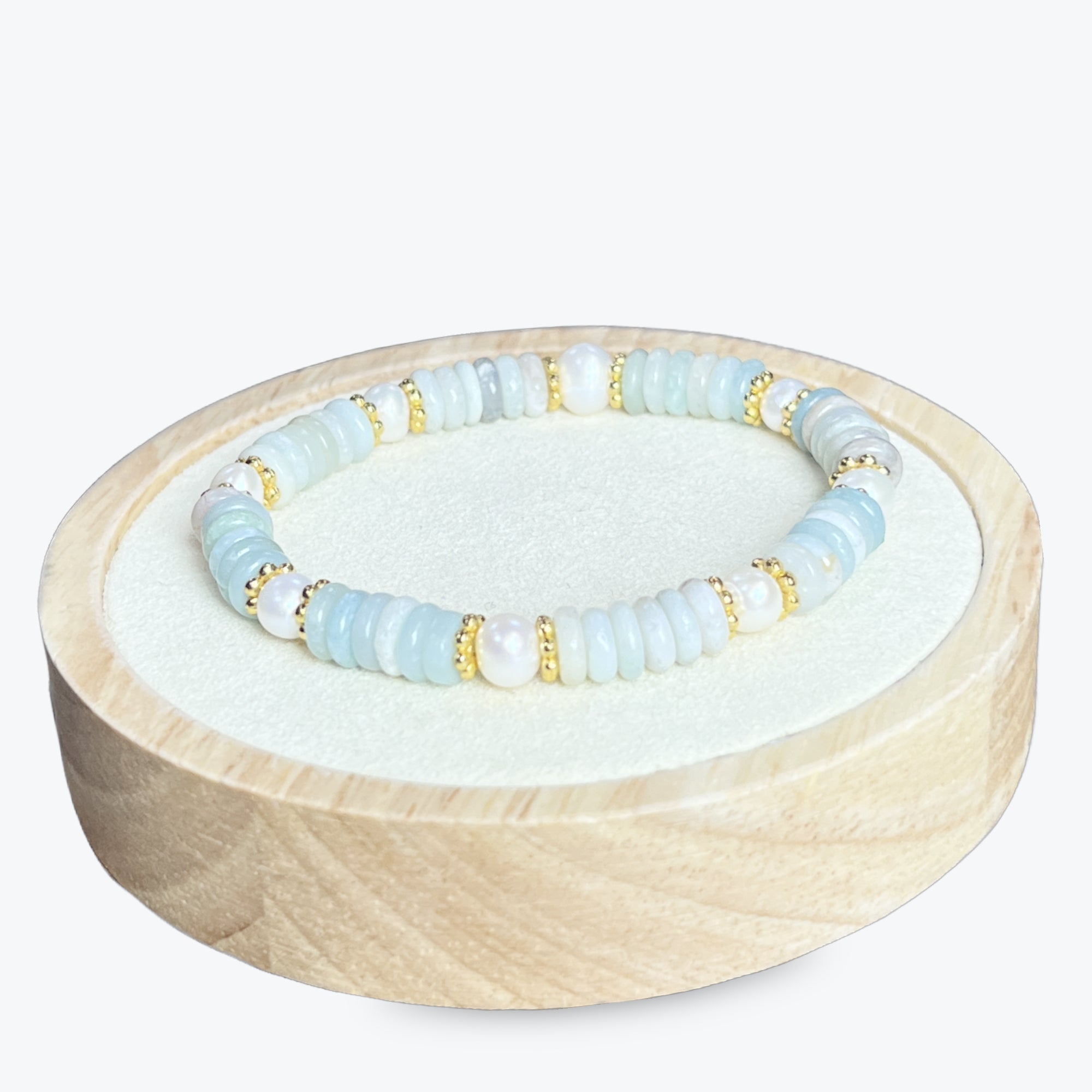 Bracelet En Amazonite Avec Perles Et Décorations Fleurs Dorées