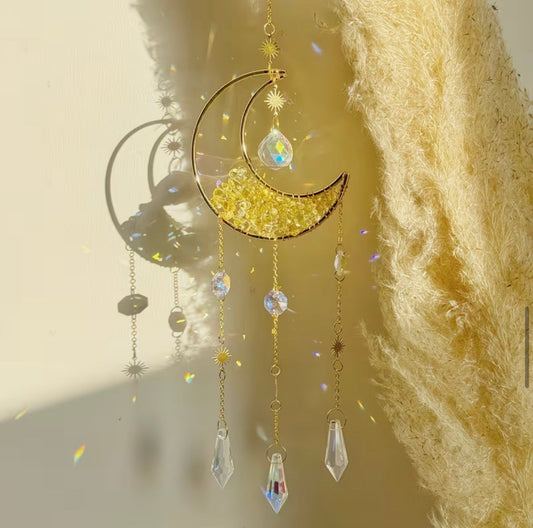 Attrape-soleil en Citrine - Prisme demi-lune bohème chic à suspendre