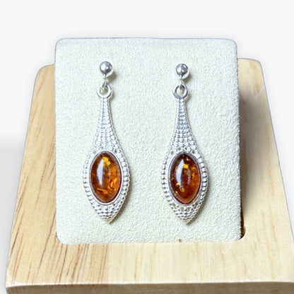 Boucle d'oreilles pendante ambre marquise - Argent 925