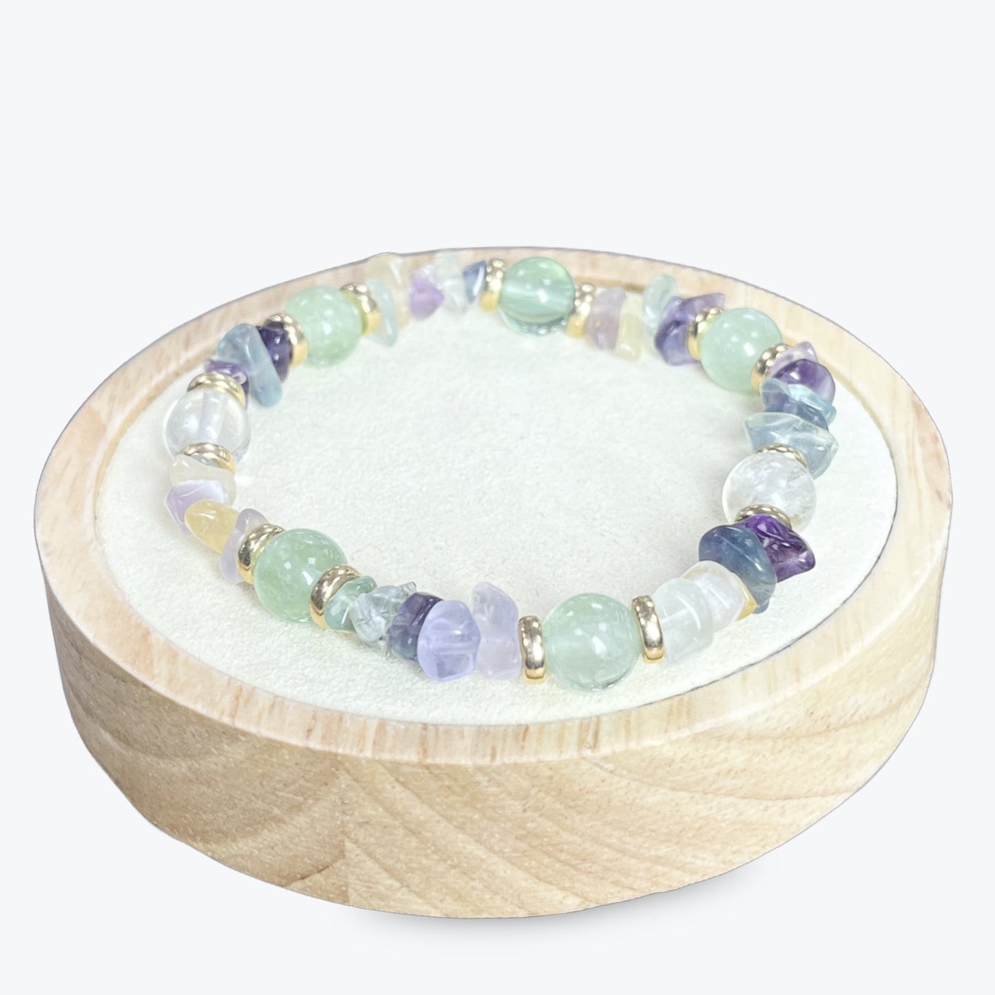 Bracelet En Fluorite Mélange De Perles Baroques Et Rondes + Décors Dorés