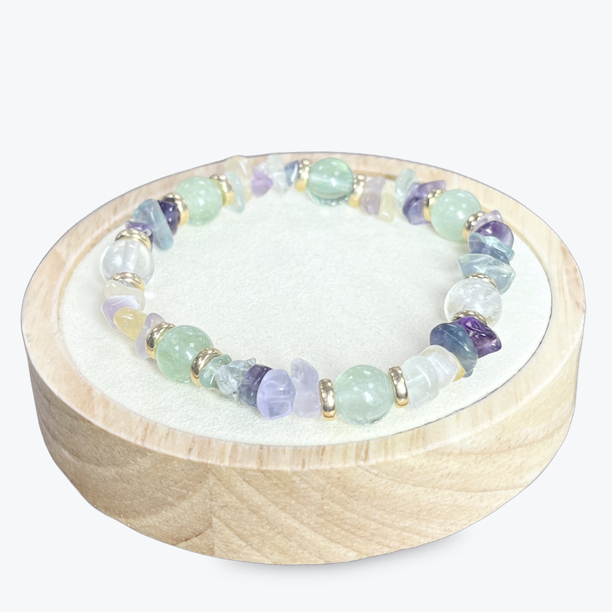 Bracelet En Fluorite Mélange De Perles Baroques Et Rondes + Décors Dorés