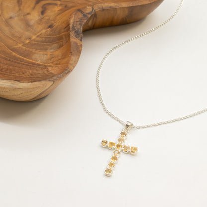 Pendentif Croix Argentée - Pierres Dorées