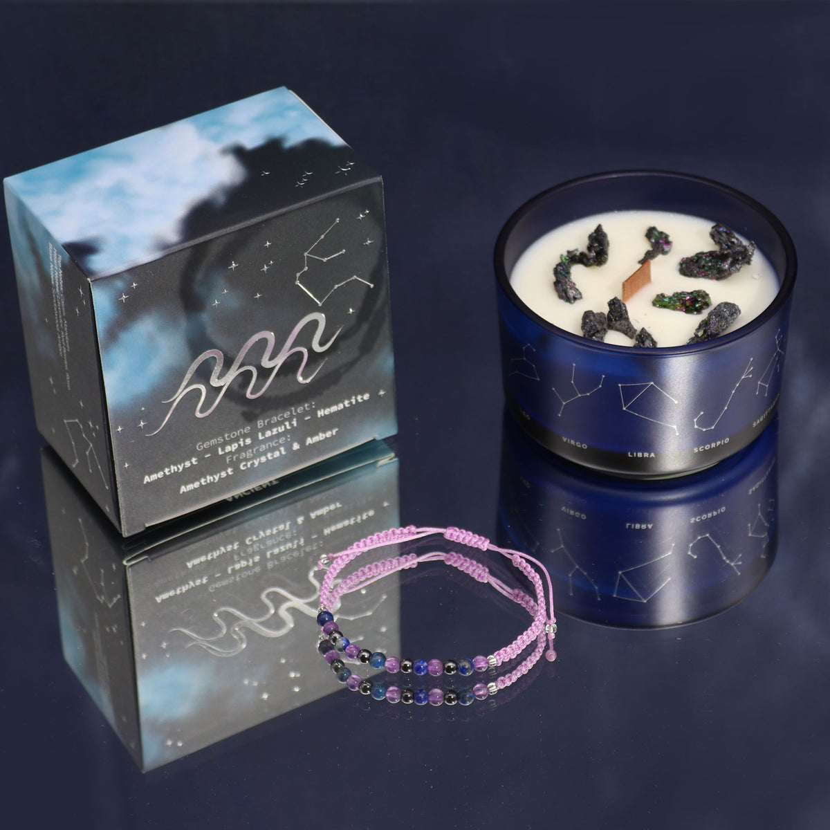 Bougie Verseau en verre bleu étoilé, son coffret et bracelet en pierres violettes