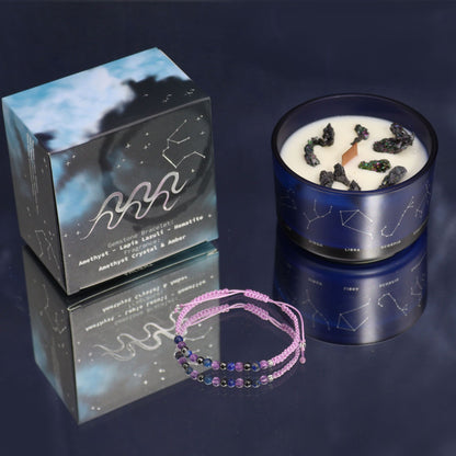 Bougie Verseau en verre bleu étoilé, son coffret et bracelet en pierres violettes