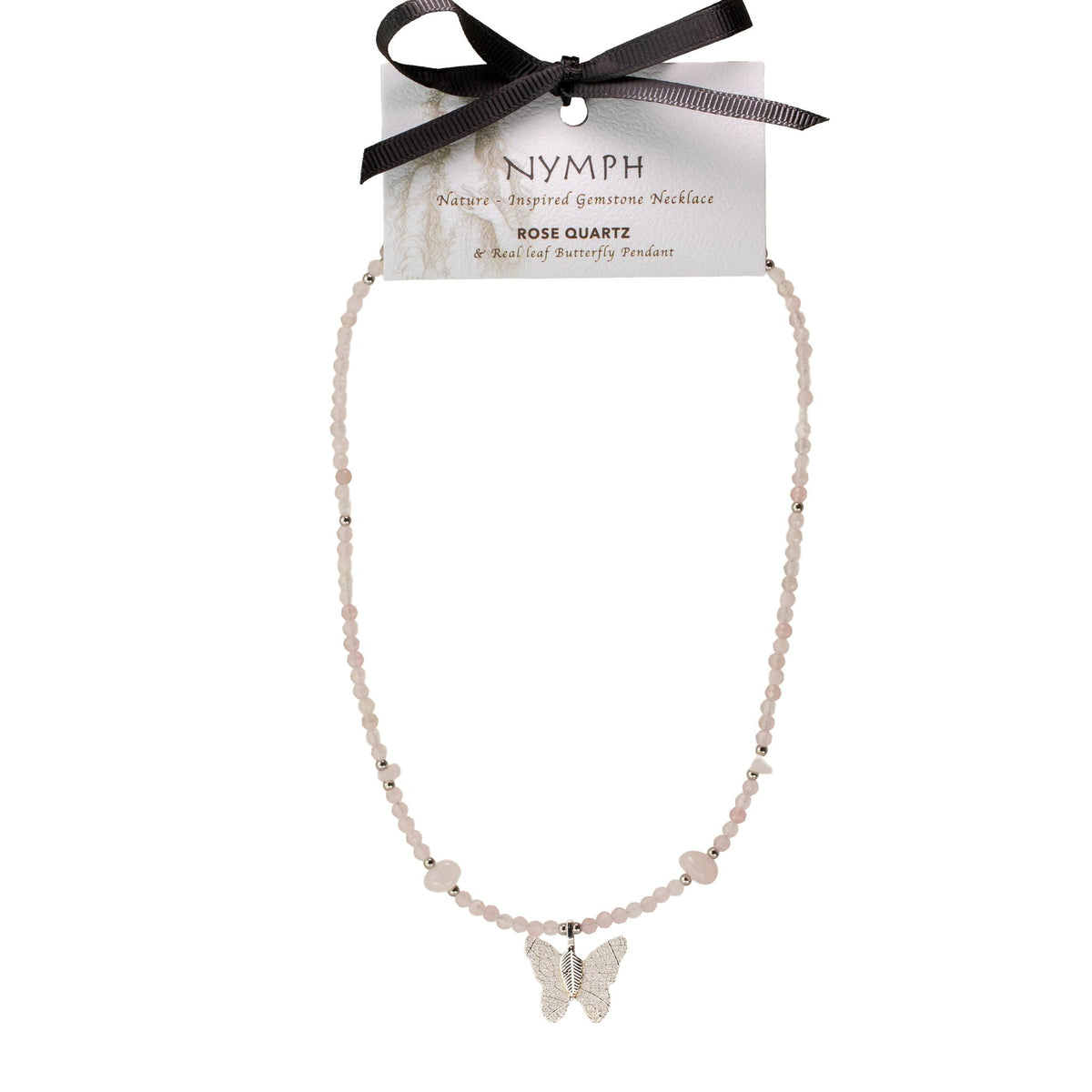 Collier Quartz Rose — Papillon en Vraie Feuille Argentée - photo 4