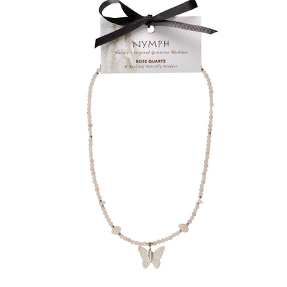 Collier Quartz Rose — Papillon en Vraie Feuille Argentée - photo 4