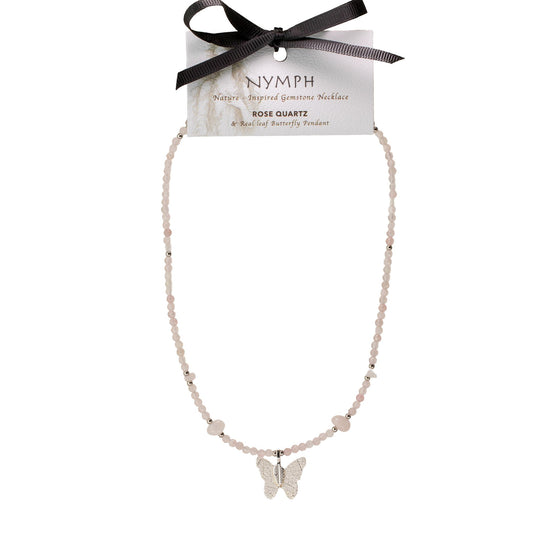 Collier Quartz Rose — Papillon en Vraie Feuille Argentée - photo 4