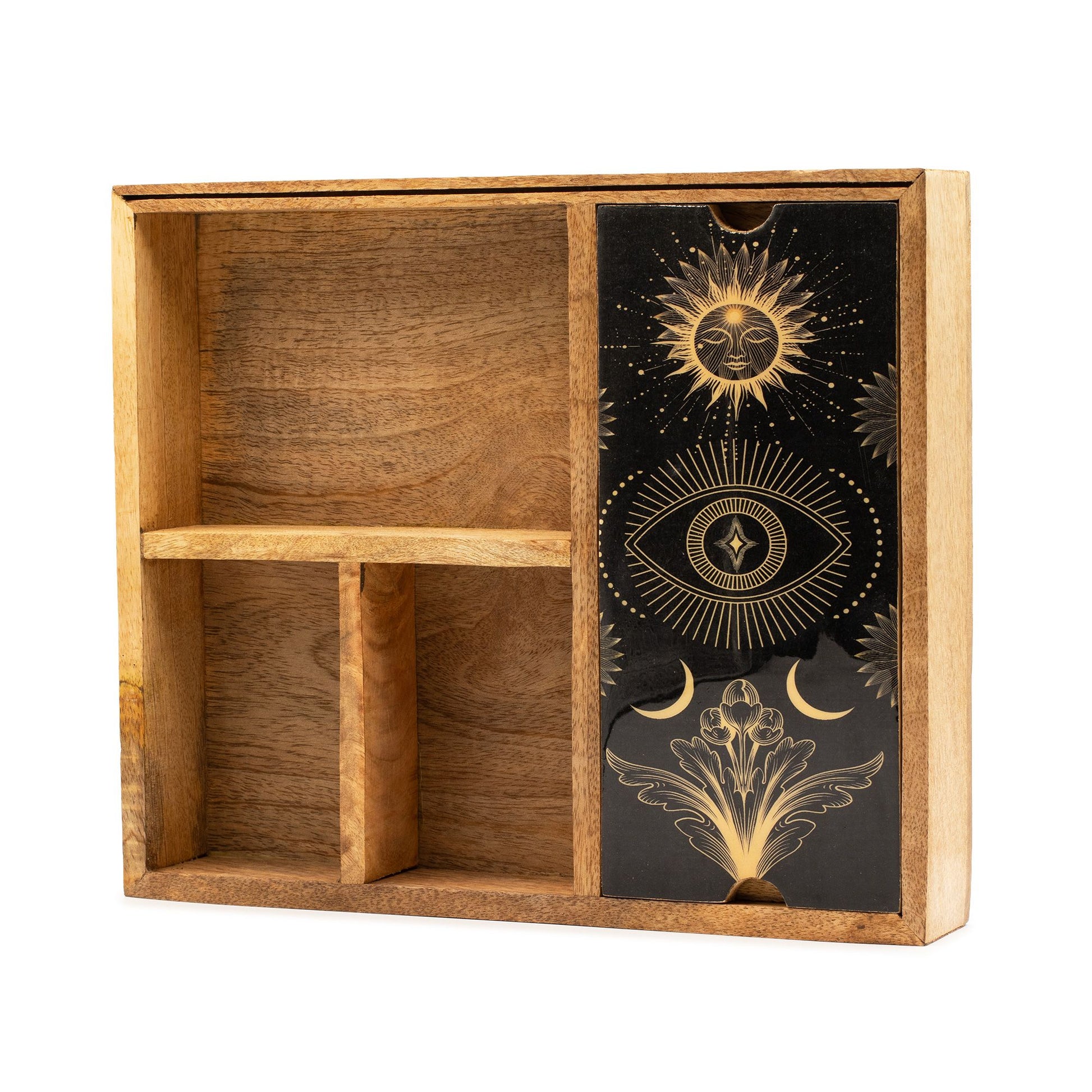 Coffret Tarot Bois de Manguier 4 Compartiments & Porte-Cartes