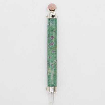 Baguette Fuchsite rubis et Quartz rose à sphère - 23 cm