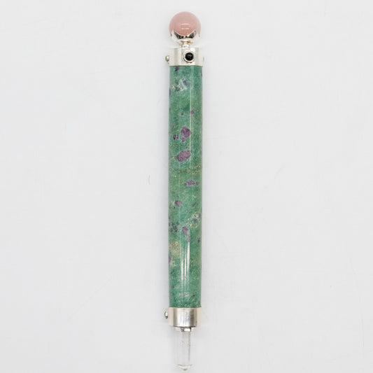 Baguette Fuchsite rubis et Quartz rose à sphère - 23 cm