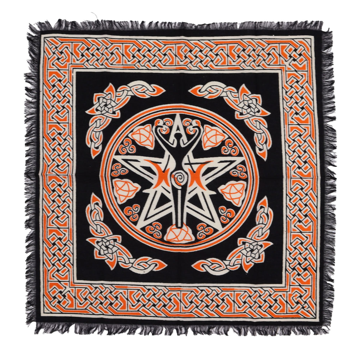 Tapis d'autel noir et orange à franges, déesse Terre Mère et pentacle celtique