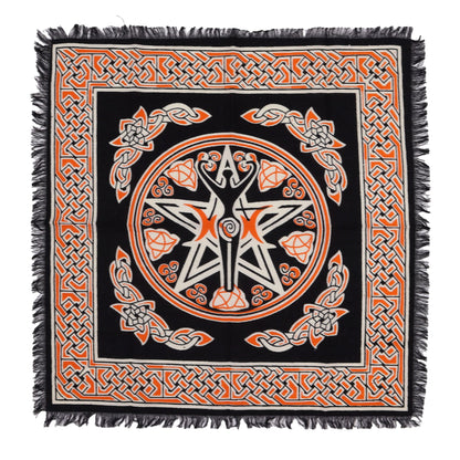 Tapis d'autel noir et orange à franges, déesse Terre Mère et pentacle celtique
