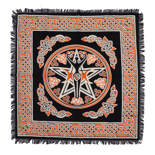 Tapis d'autel noir et orange à franges, déesse Terre Mère et pentacle celtique