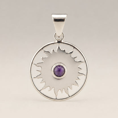 Pendentif Soleil Sacré - Argenté & Pierre Violette