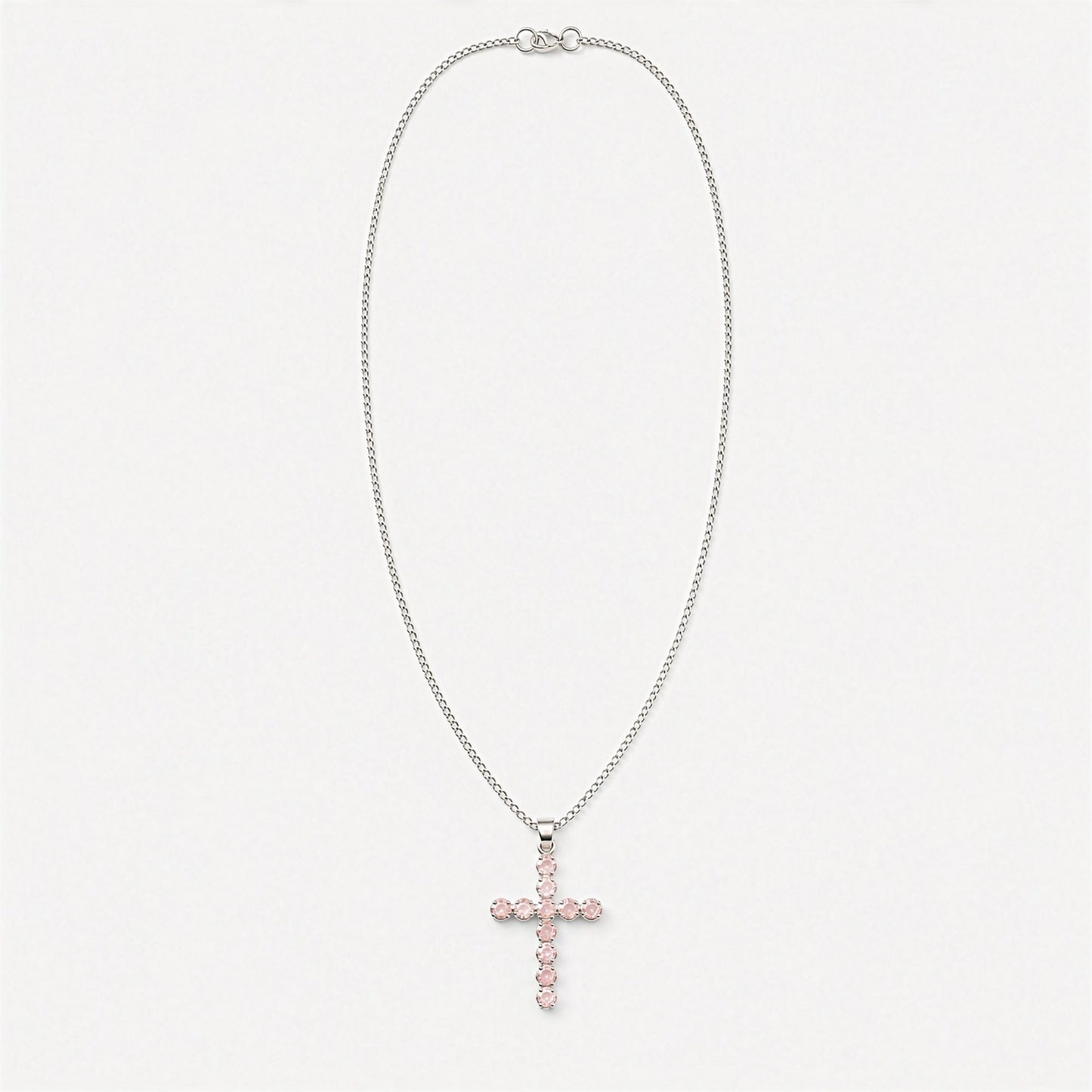 Pendentif Croix Argentée - Pierres Roses