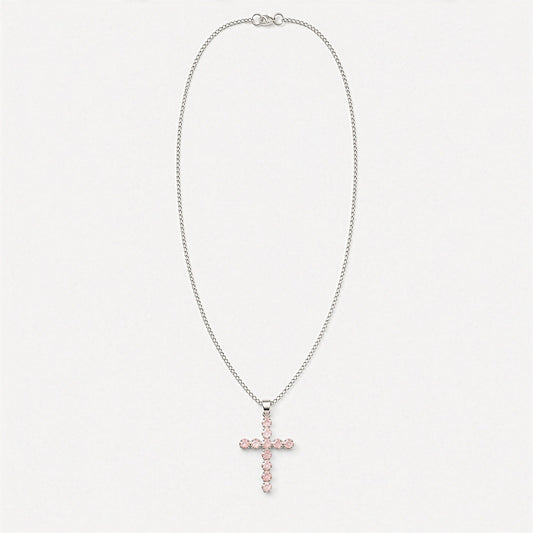 Pendentif Croix Argentée - Pierres Roses