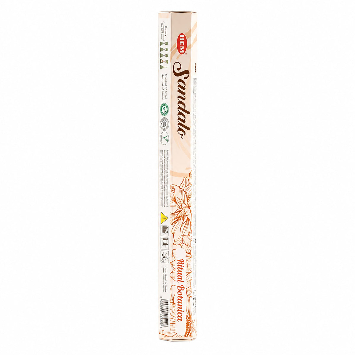 Boîte hexagonale d'encens HEM Santal, packaging crème à motif floral orangé