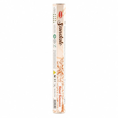 Boîte hexagonale d'encens HEM Santal, packaging crème à motif floral orangé
