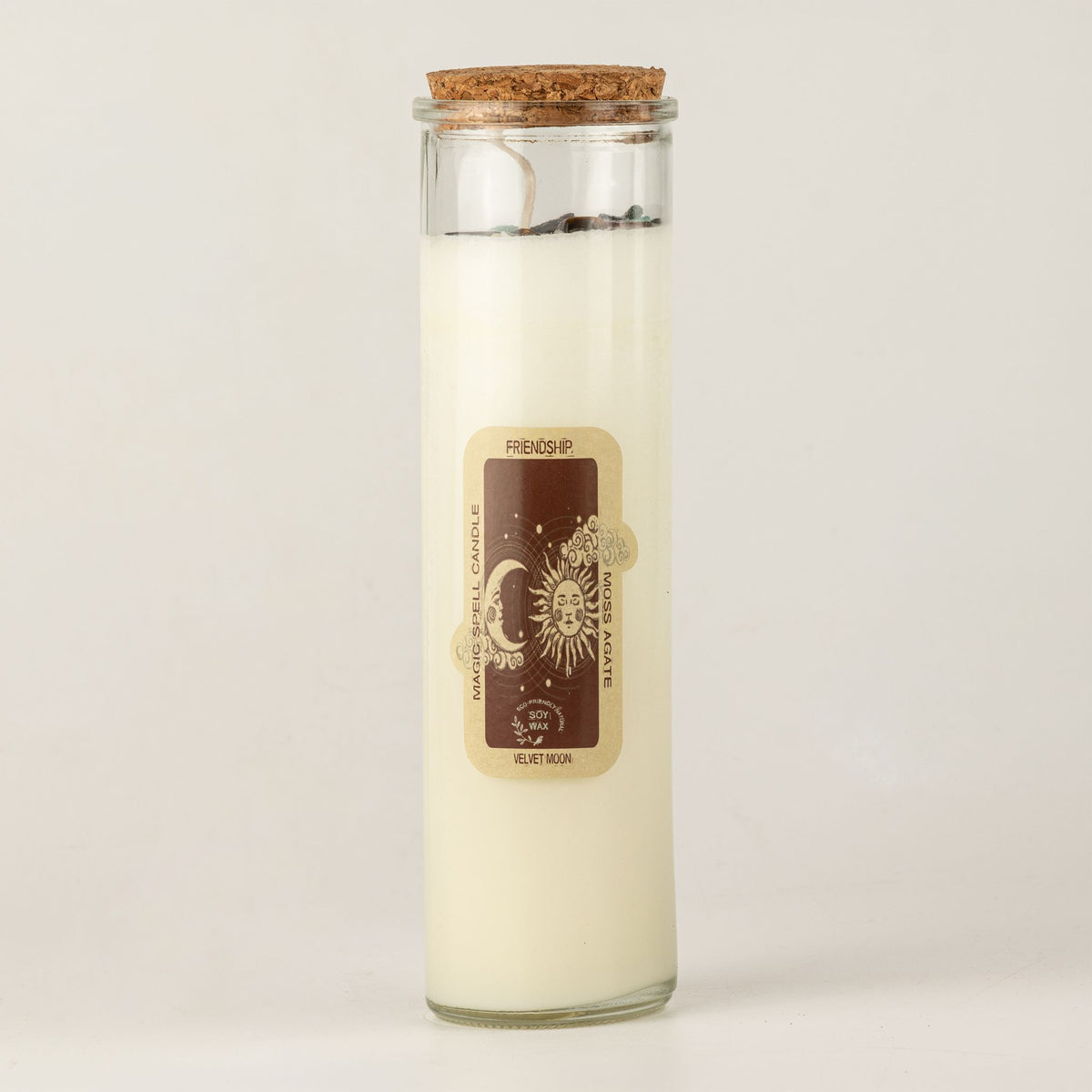 Bougie blanche en pot de verre avec bouchon liège, étiquette soleil et lune