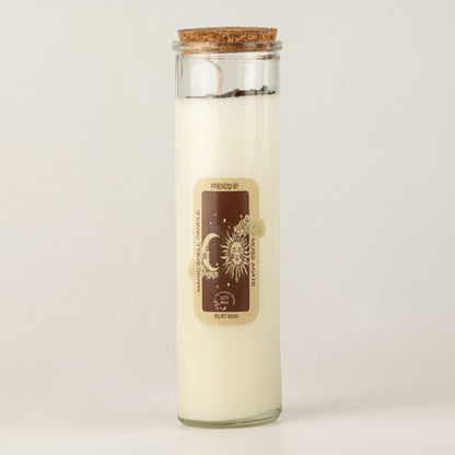 Bougie blanche en pot de verre avec bouchon liège, étiquette soleil et lune