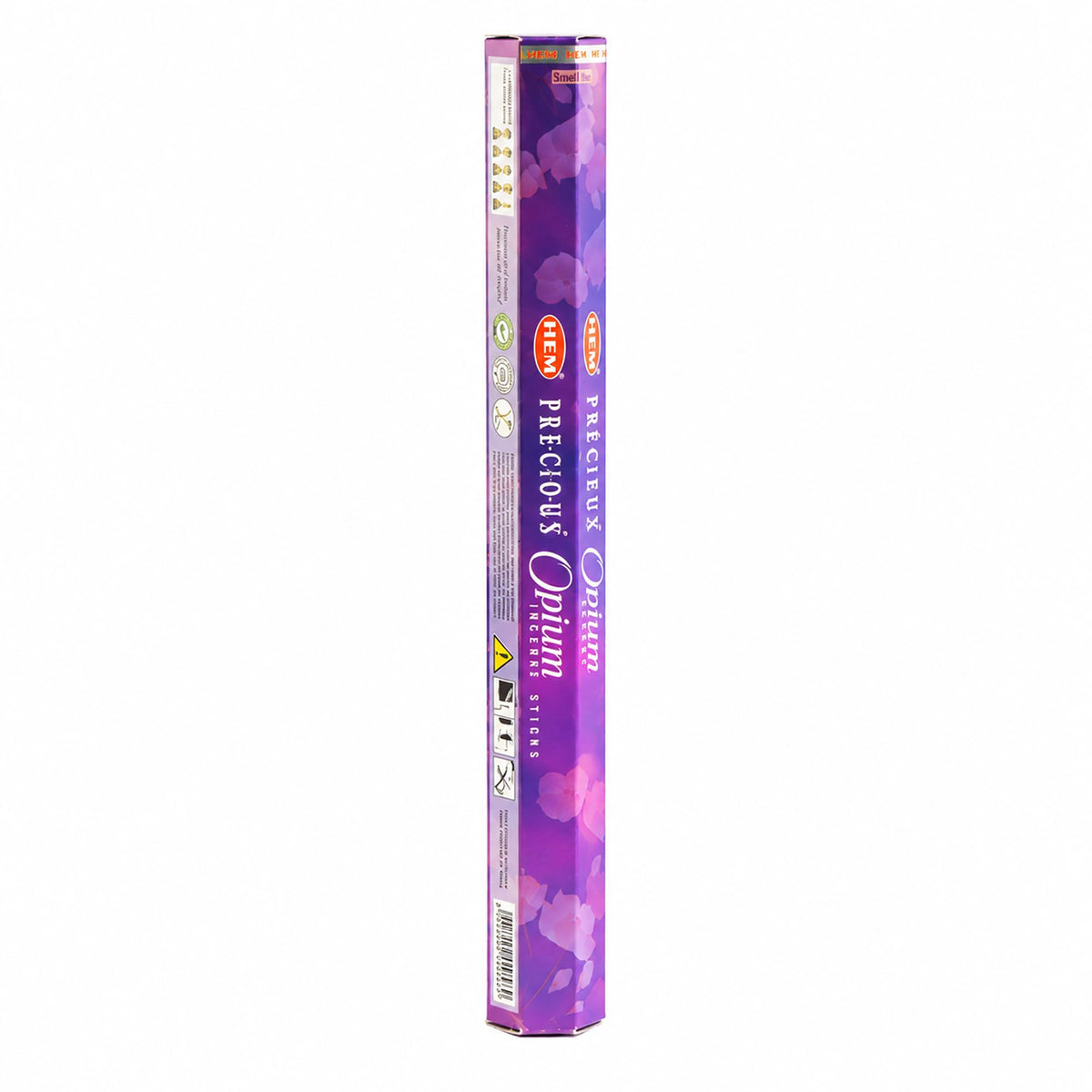 Boîte hexagonale violette d'encens HEM Précieux Opium posée debout sur fond blanc