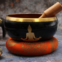 Lrg Buddha Singing Bowl Set- Black/Orange 14cm
