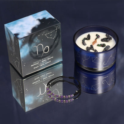 Bougie Capricorne en verre bleu, sa boîte et bracelet améthyste quartz fumé