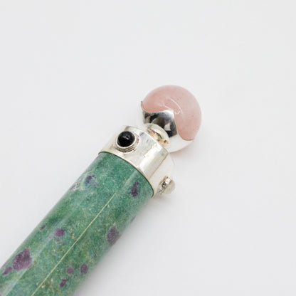 Baguette Fuchsite rubis et Quartz rose à sphère - 23 cm