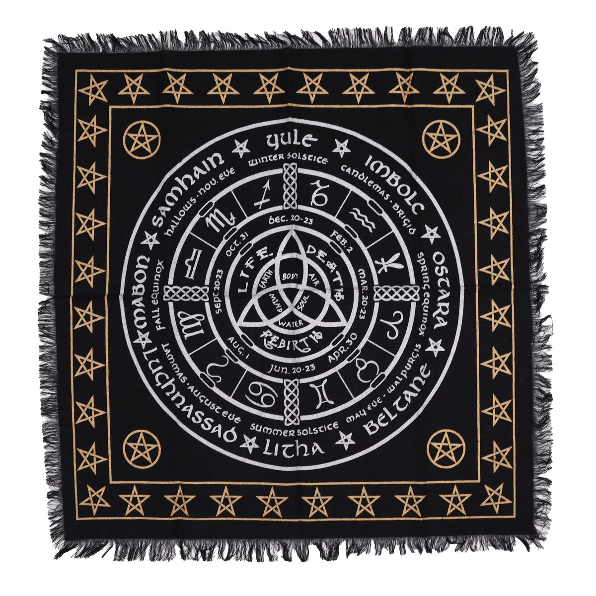 Tapis d'autel noir à franges avec triquetra, zodiaque, sabbats et pentagrammes dorés