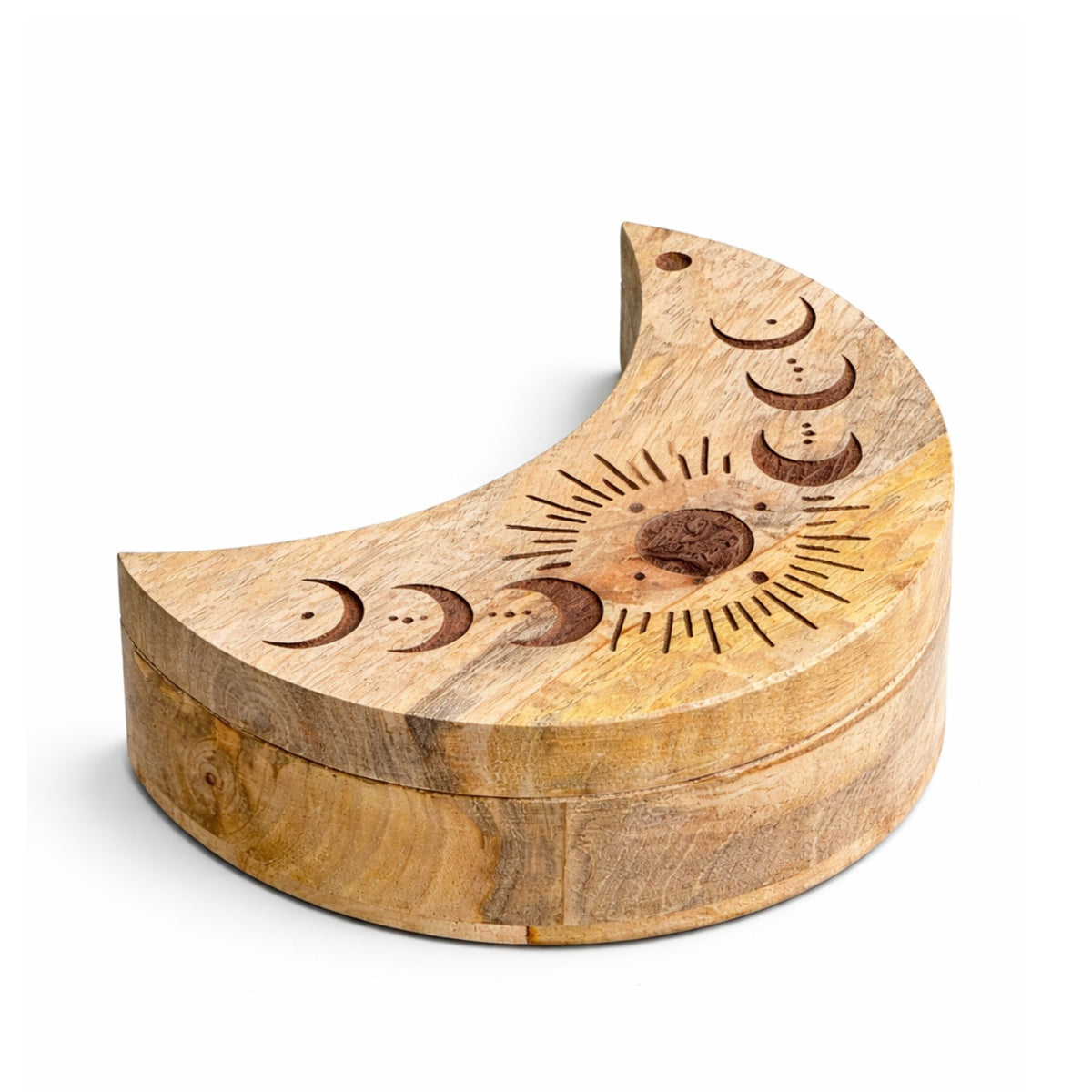 Boîte en bois en forme de croissant de lune gravée de phases lunaires et soleil
