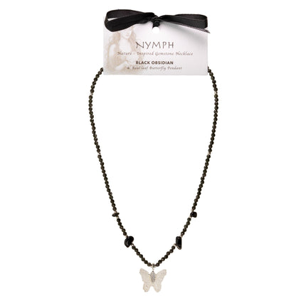 Collier Obsidienne Noire — Papillon Feuille Naturelle Argentée - photo 2