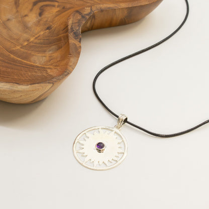 Pendentif Soleil Sacré - Argenté & Pierre Violette