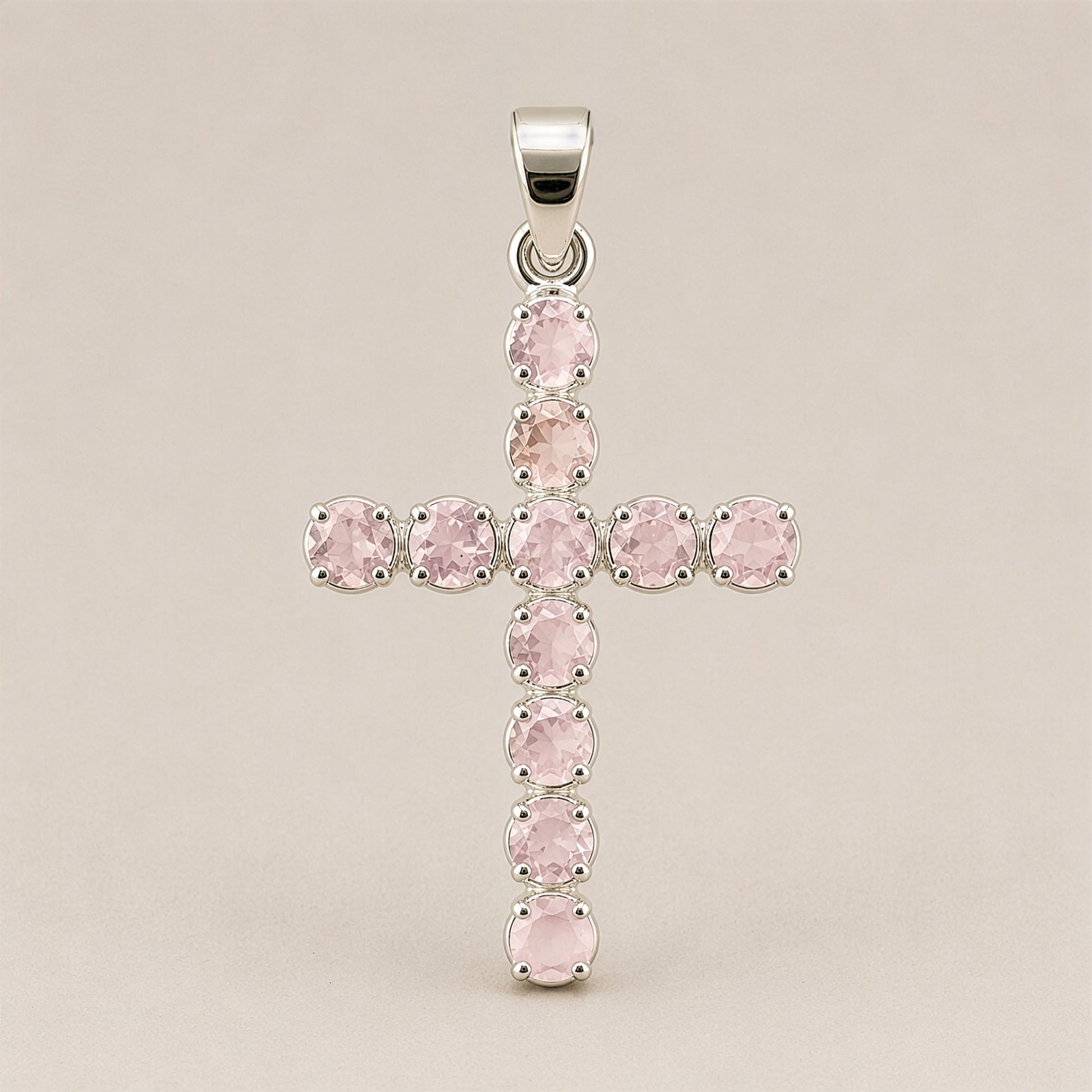 Pendentif Croix Argentée - Pierres Roses