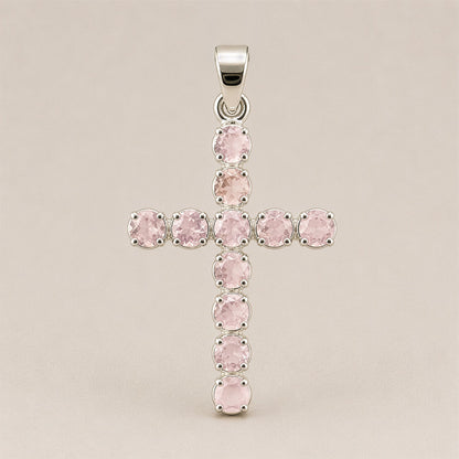 Pendentif Croix Argentée - Pierres Roses