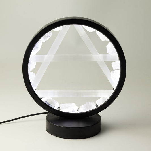 Lampe halo ronde noire avec cristal de roche brut et symbole de l'Air en sélénite
