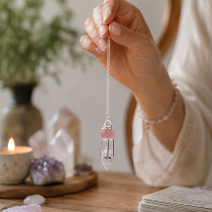 Pendule double en Quartz rose et Cristal de roche