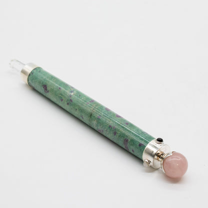 Baguette Fuchsite rubis et Quartz rose à sphère - 23 cm
