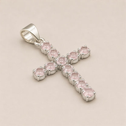 Pendentif Croix Argentée - Pierres Roses