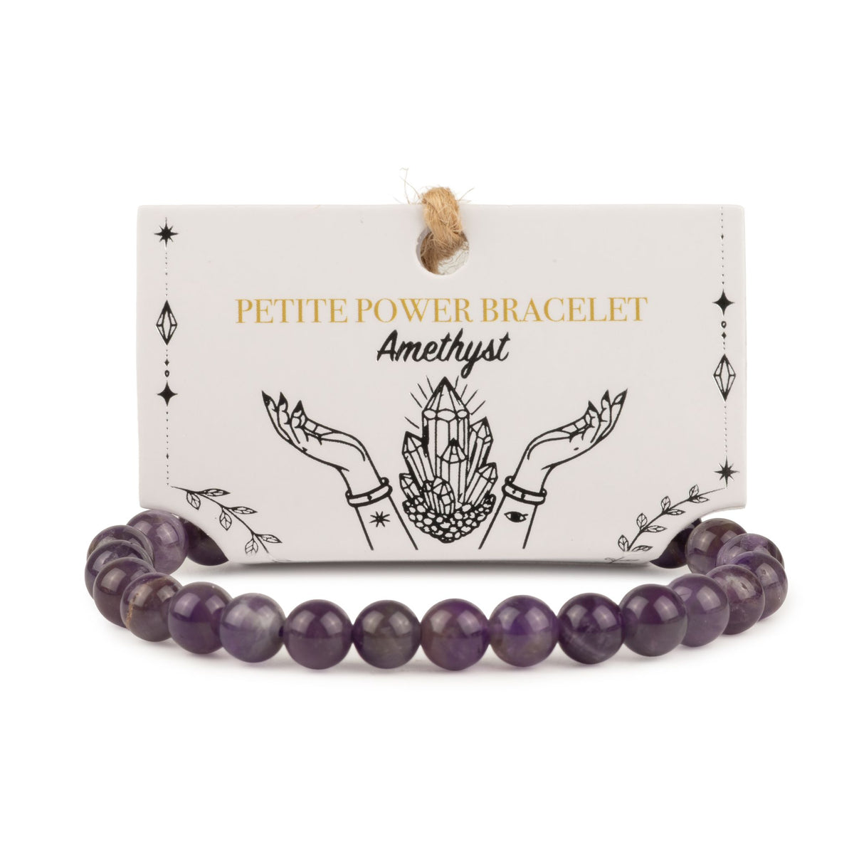 Bracelet en perles d'améthyste violettes de 6 mm devant sa carte de présentation illustrée