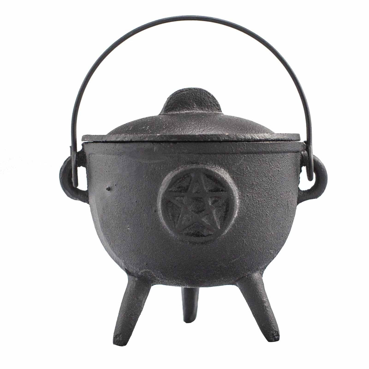 Chaudron en fonte noire à trois pieds avec couvercle, anse et pentacle en relief